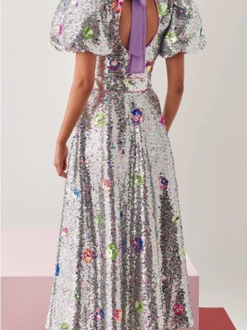 Silver Sequin Puff-Sleeve Maxi Dress with Multicolor Embellishments - Picture 2 of 6